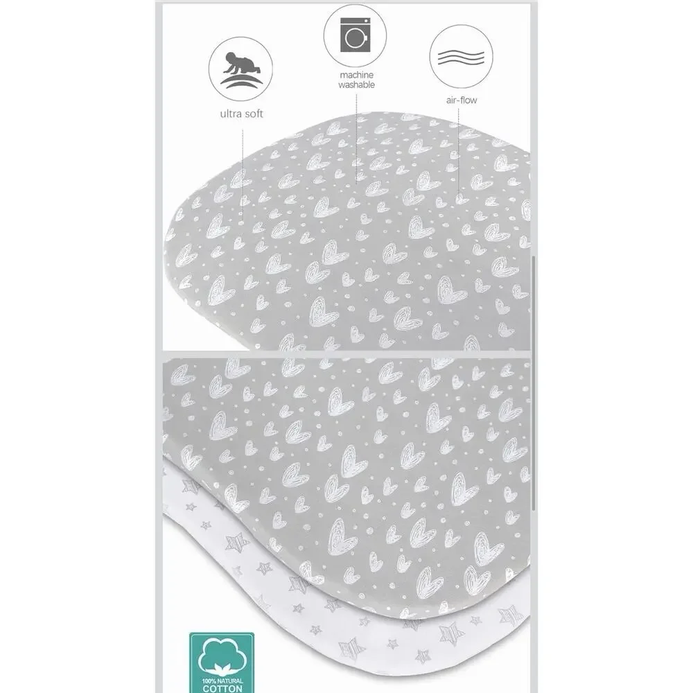 Biloban 2 Pack Bassinet Sheets For Babies Heart & Stars Gray